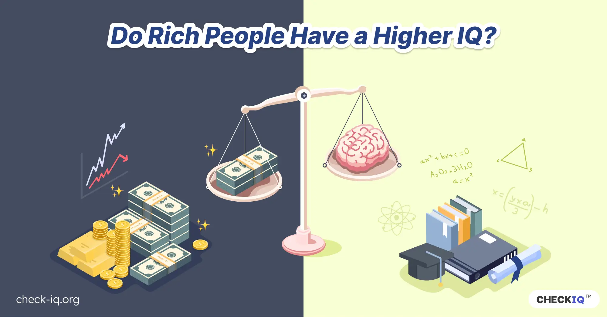 Scales weighing money and a brain to represent wealth vs intelligence