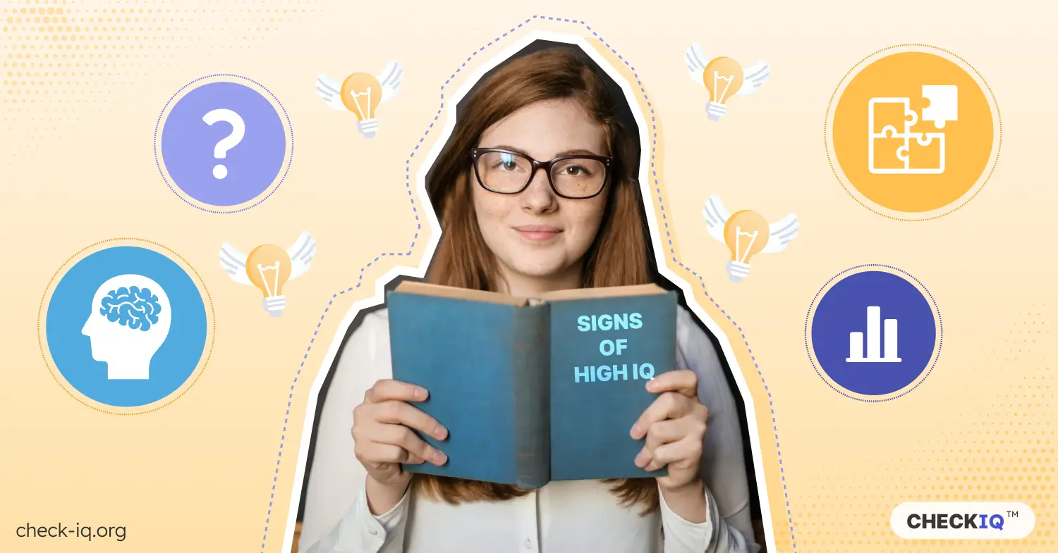 Young woman reading a book titled "Signs of high IQ”