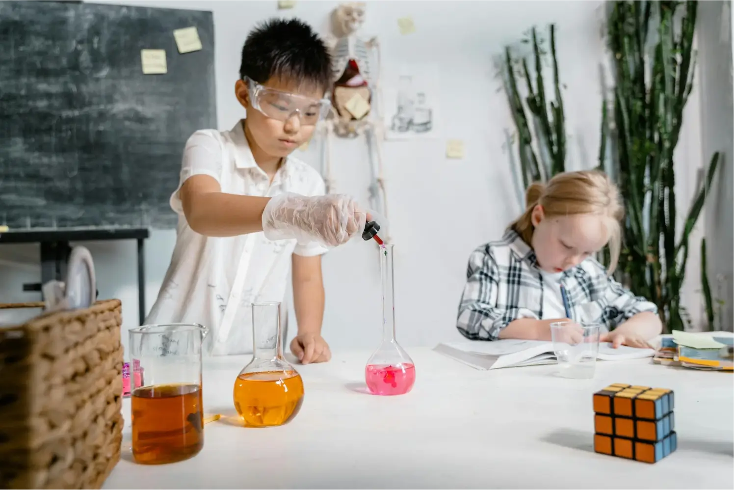 Young kids conducting a chemistry science experiment, showing high learning potential