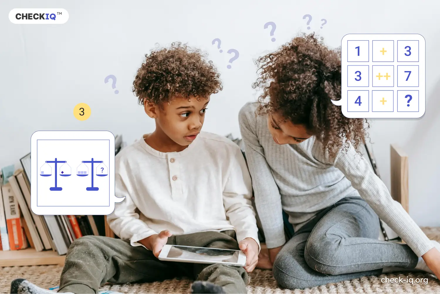 Children solving IQ test questions on a tablet