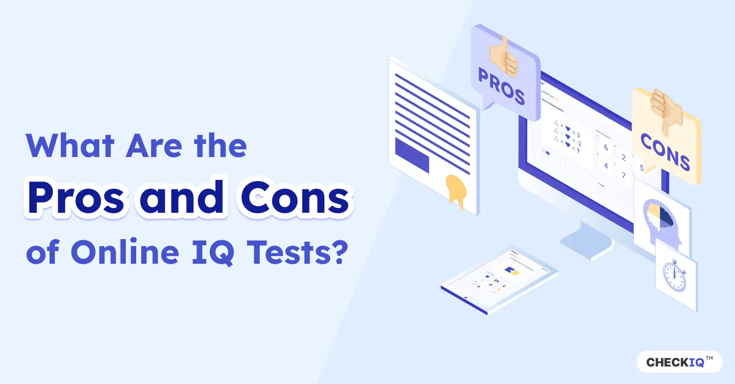 Pros and cons of online IQ tests, showing a computer screen with an IQ test and thumbs-up and thumbs-down icons