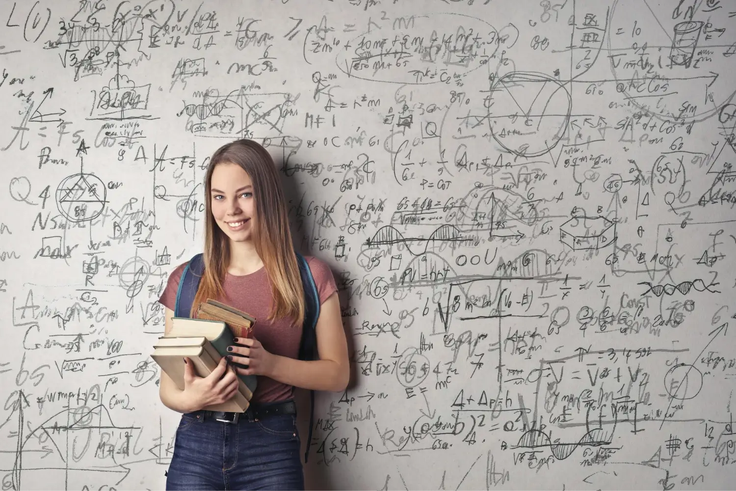 A young math genius with books stands in front of a wall covered in complex formulas