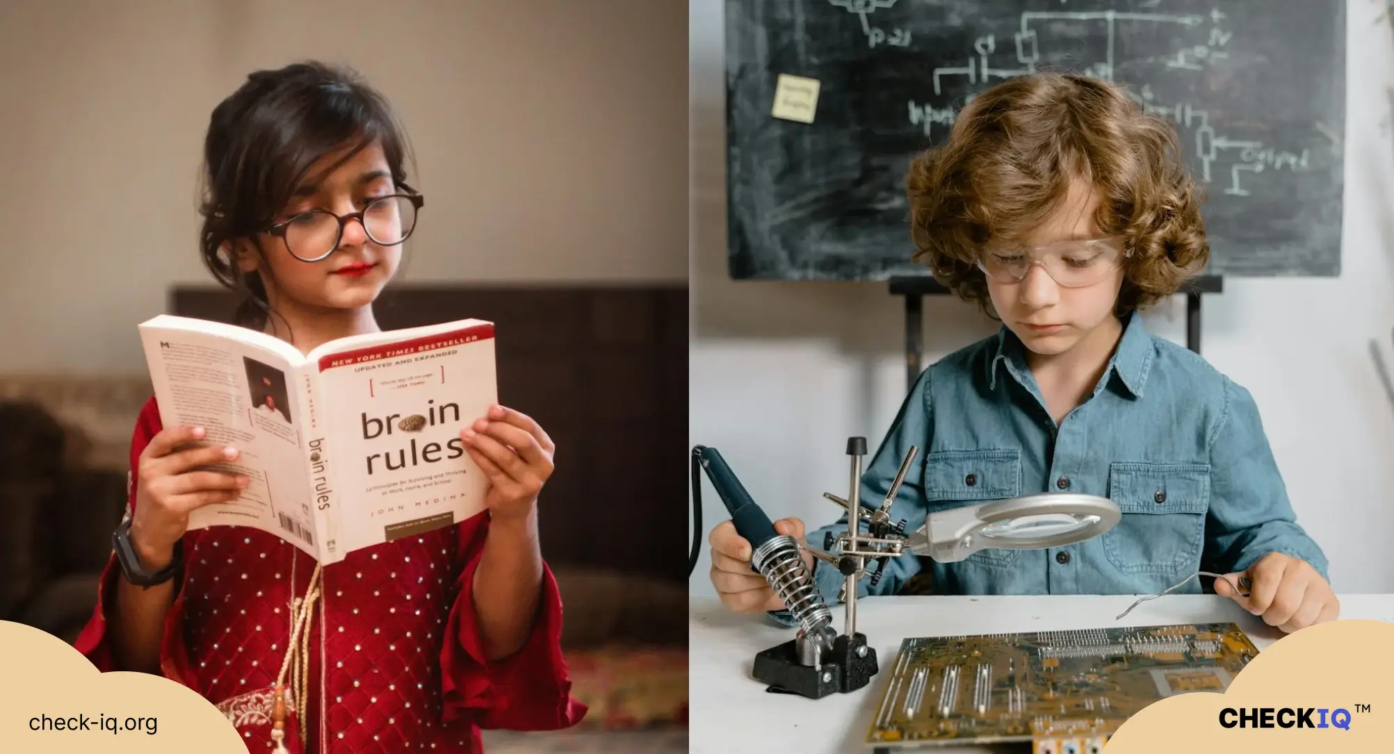 Deux enfants intelligents : une fille lisant un livre et un garçon construisant un circuit électrique